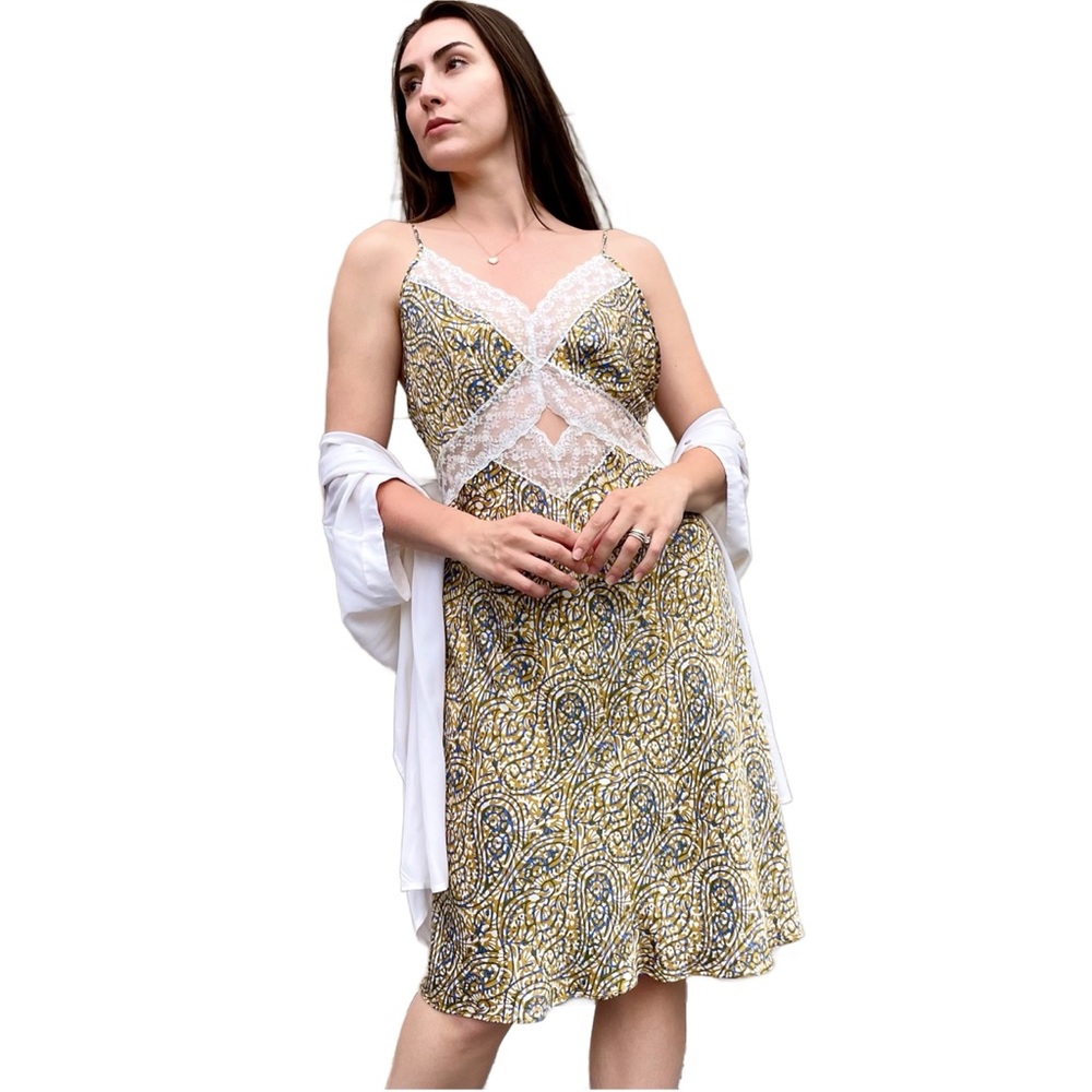 Anthropologie Yellow Lace Trim Cut Out Lingerie Satin Slip Mini Dress XL